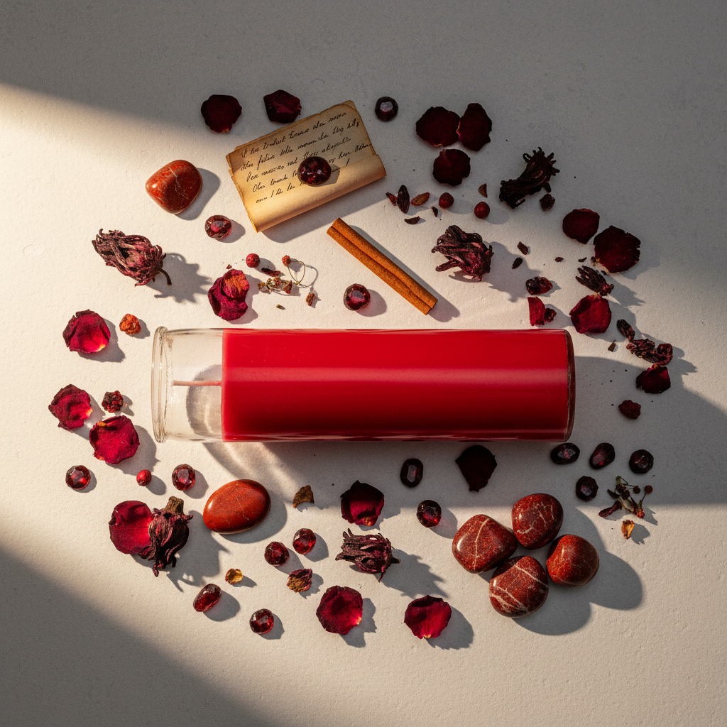 Flat lay of red 7 day candle with rose petals, red jasper, garnet, hibiscus, cinnamon and botanicals on light grey background