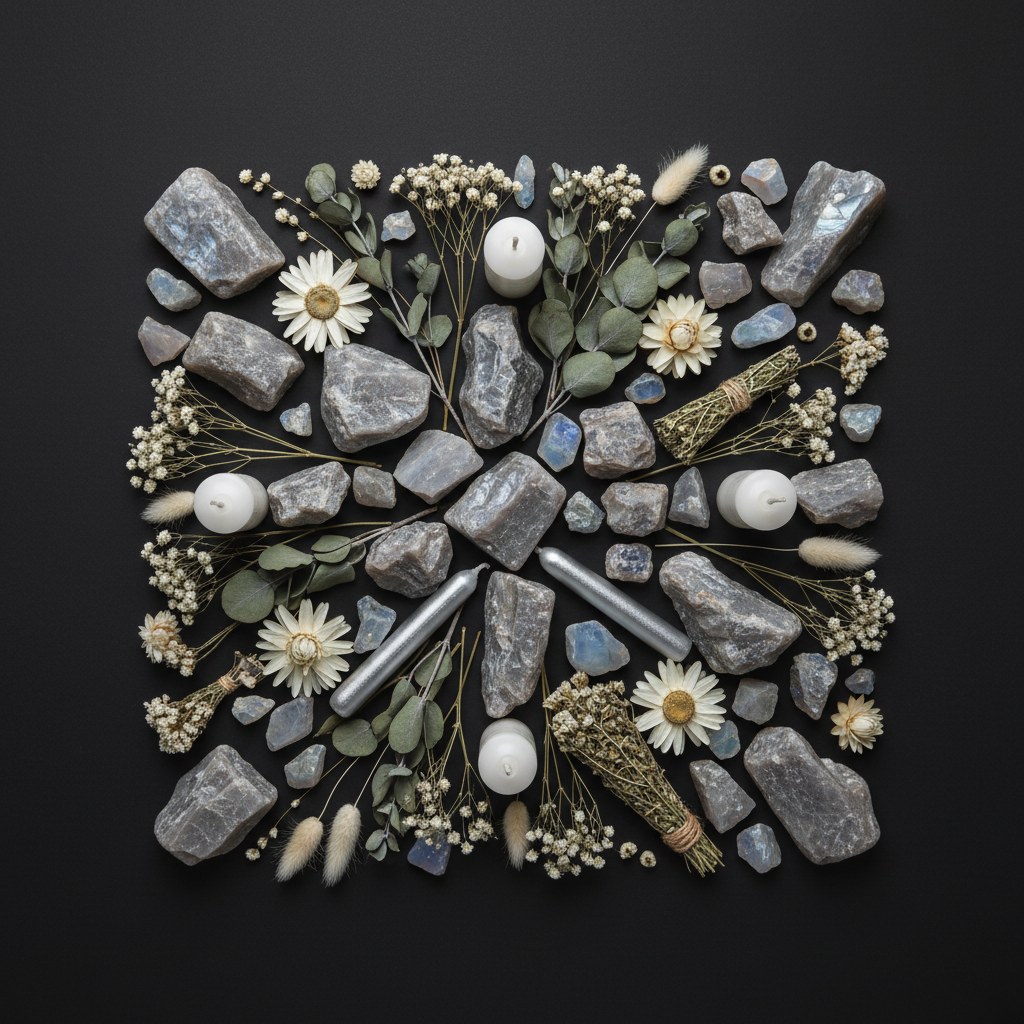 Flat lay with raw grey moonstone pieces, dried white flowers, grey botanicals and white candles on dark charcoal background