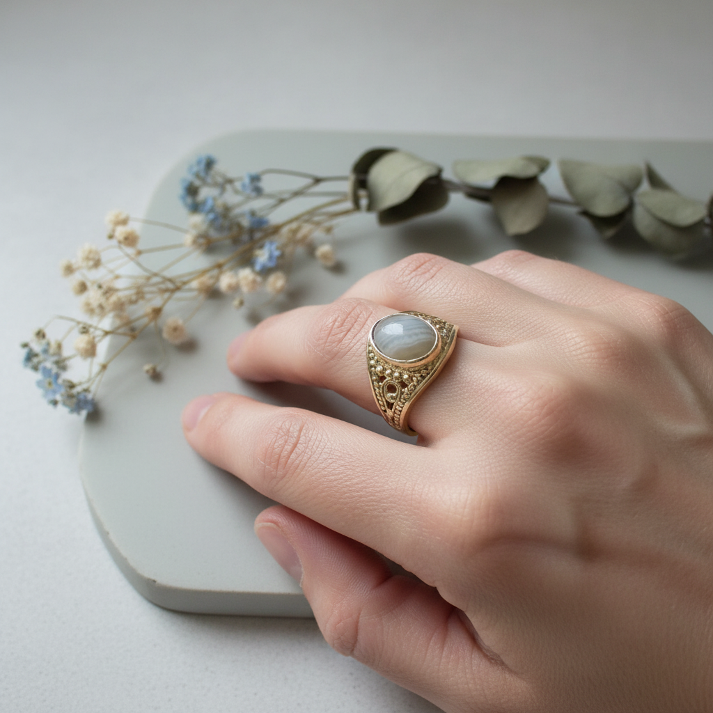 Blue lace agate class ring worn on finger showing ornate gold filigree setting and pale blue banded agate stone