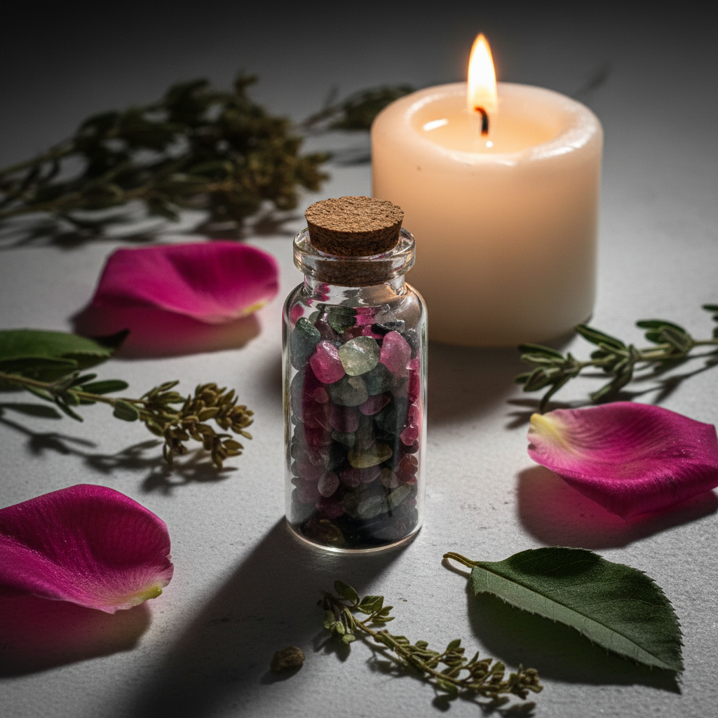 Watermelon tourmaline chips in clear glass spell bottle with cork, herbs and candle props