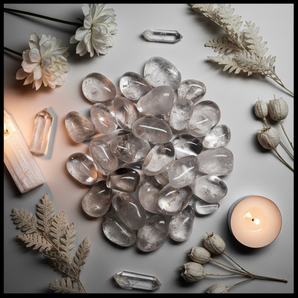 Flat lay of clear quartz tumbled stones with white flowers, selenite, botanicals and candle on light grey background