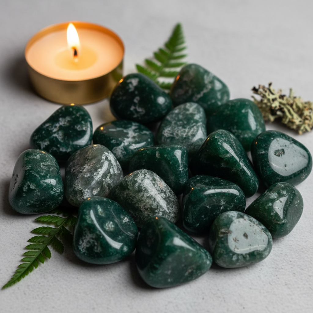 Cluster of moss agate tumbled stones showing deep forest green with white mossy dendritic inclusions