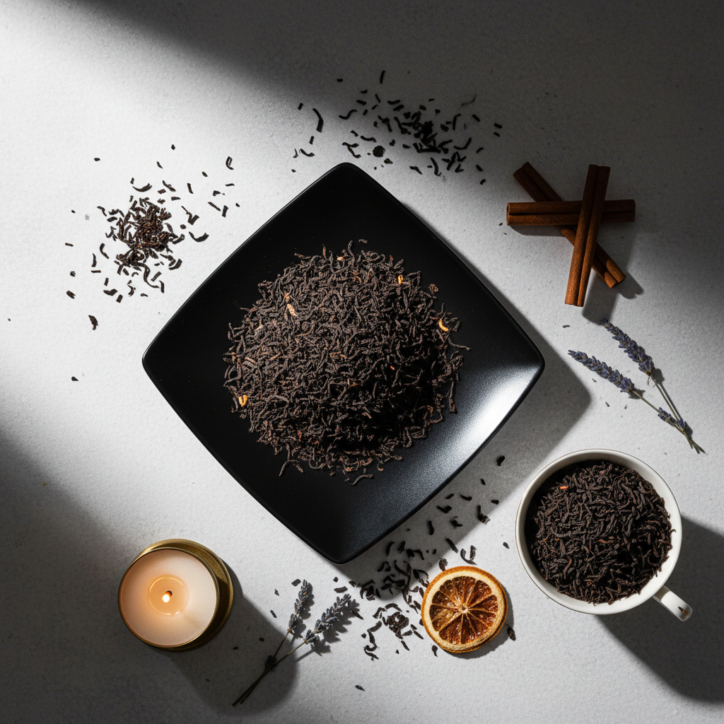 Flat lay of English Breakfast black tea on black plate with teacup, cinnamon and candle props