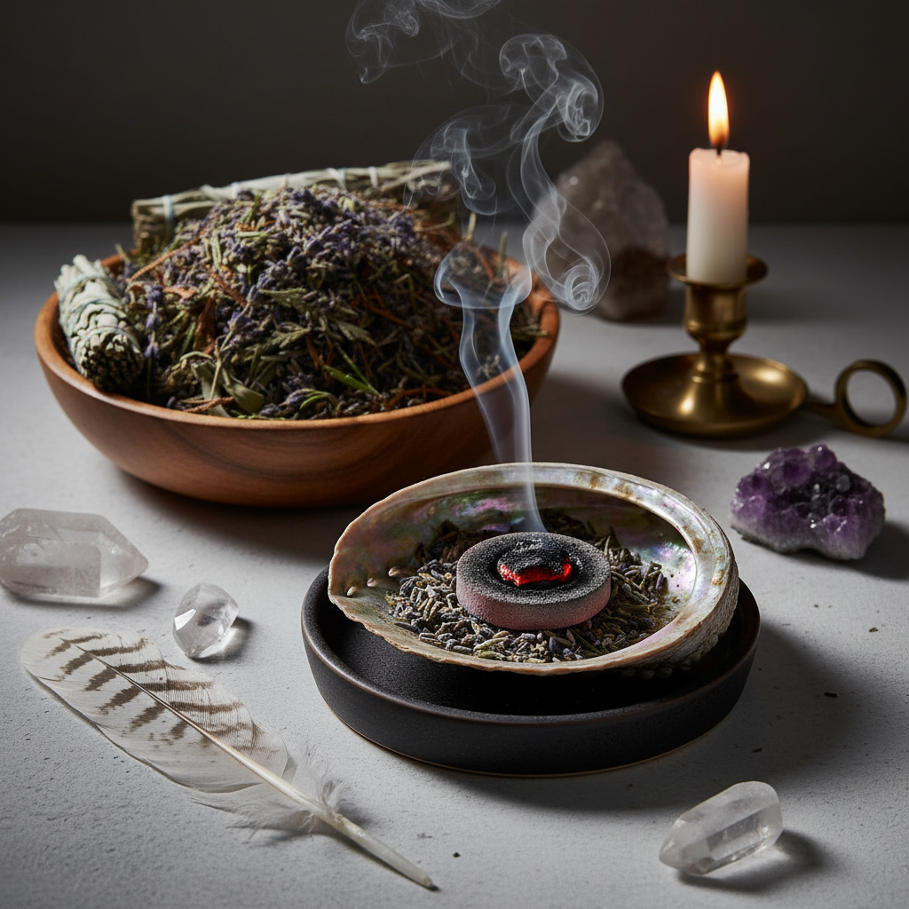 Dirty Dozen Super Sage lifestyle shot - loose blend burning on charcoal disc with smoke