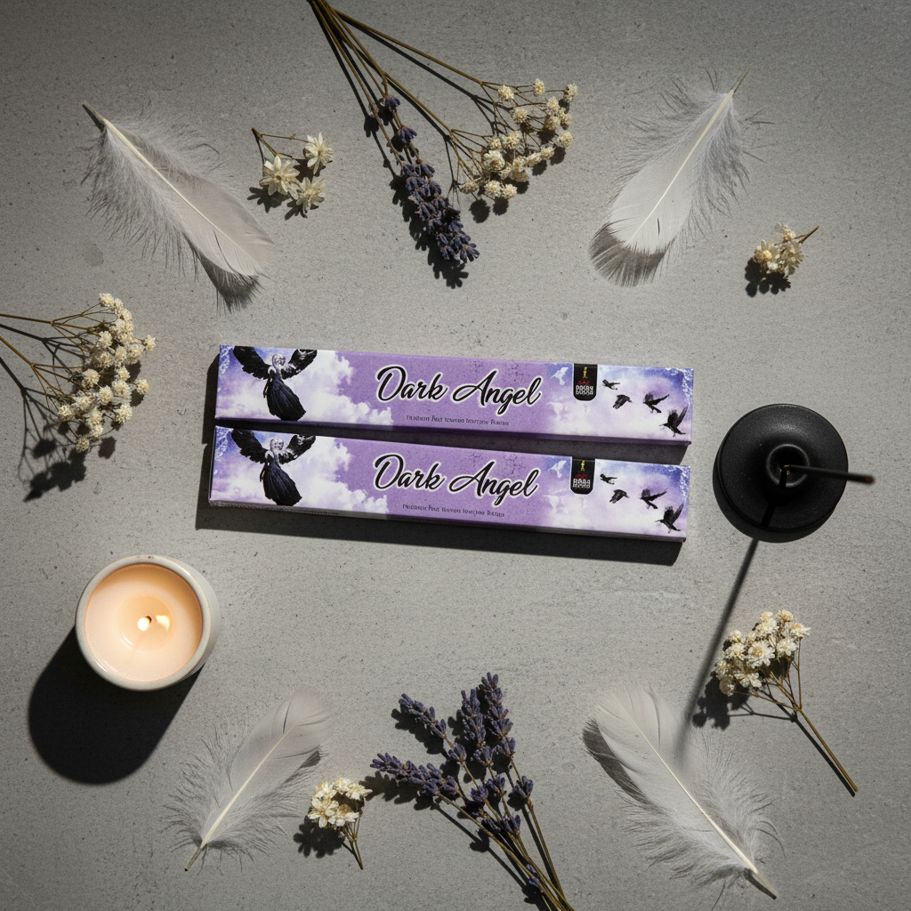 Flat lay of Dark Angel incense sticks with lavender, white feathers and candle