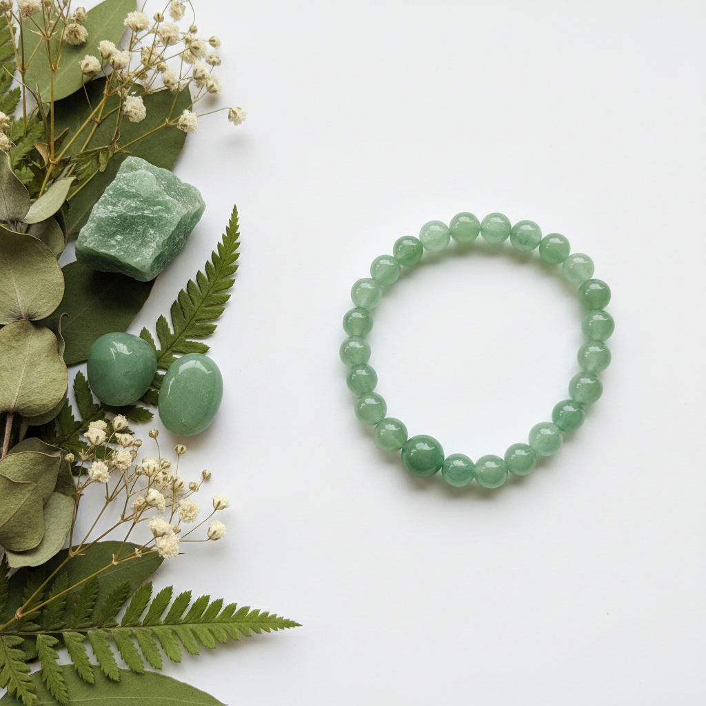 Green aventurine bracelet flat in circle with soft sage-green beads and green props on light grey background