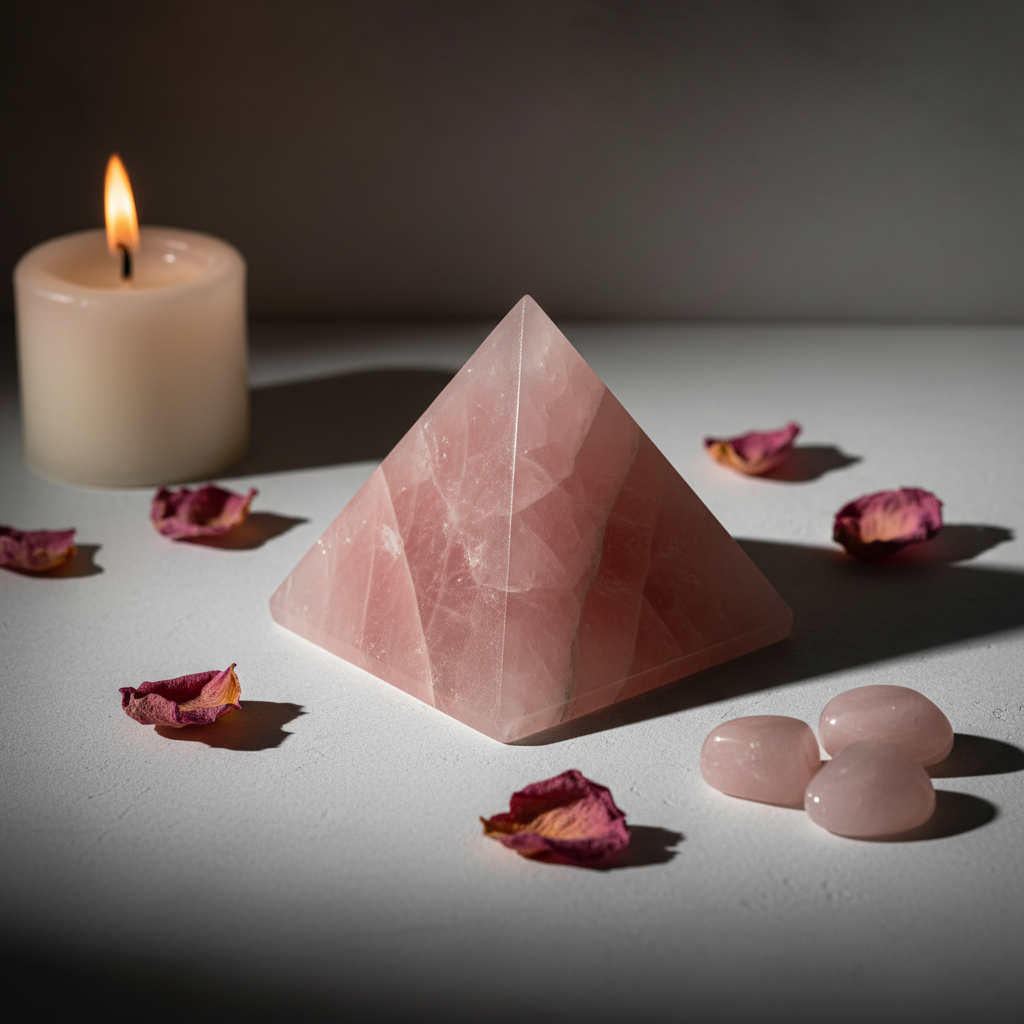 Rose quartz crystal pyramid with rose petals and candlelight on light grey background