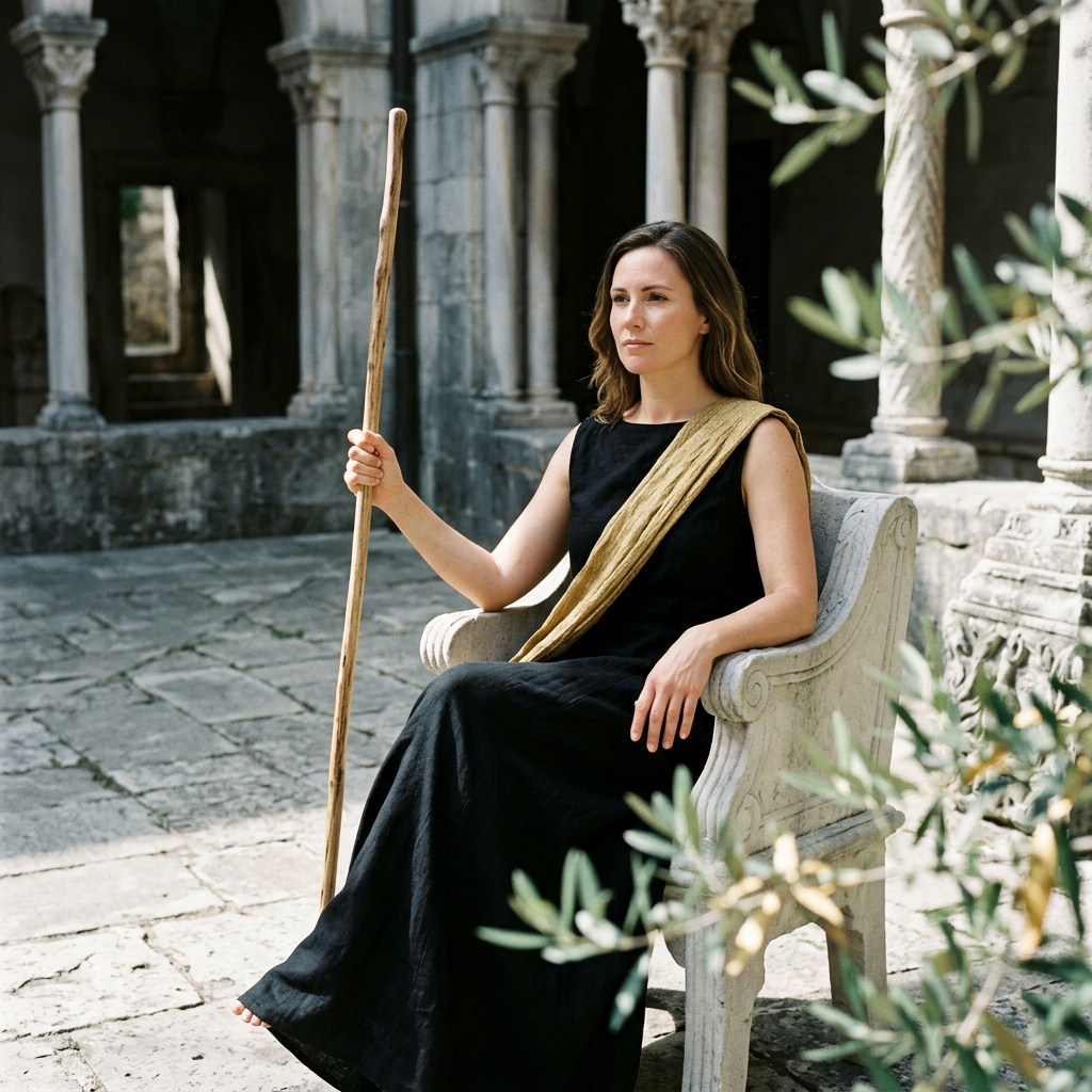 King of Wands-inspired courtyard lifestyle scene
