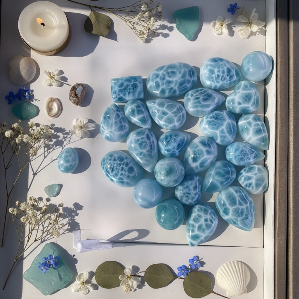 Flat lay of Larimar tumbled stones with white flowers, seashells, sea glass and candle