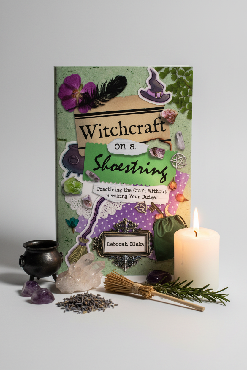 Witchcraft on a Shoestring book hero shot with cauldron, crystals and candlelight