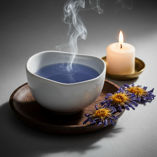 Steaming cup of Blue Lotus Flower herbal tea with lotus flowers and candle