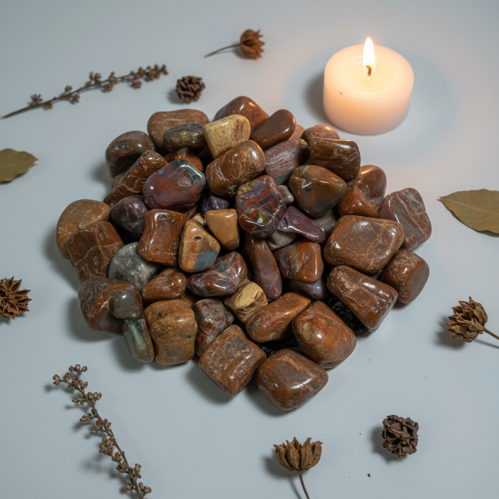 Cluster of petrified wood tumbled stones with natural wood grain patterns and earthy tones