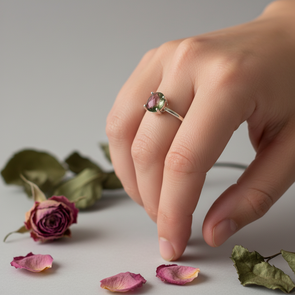 Hand wearing watermelon tourmaline ring close-up with vivid pink-to-green bi-color stone in warm light