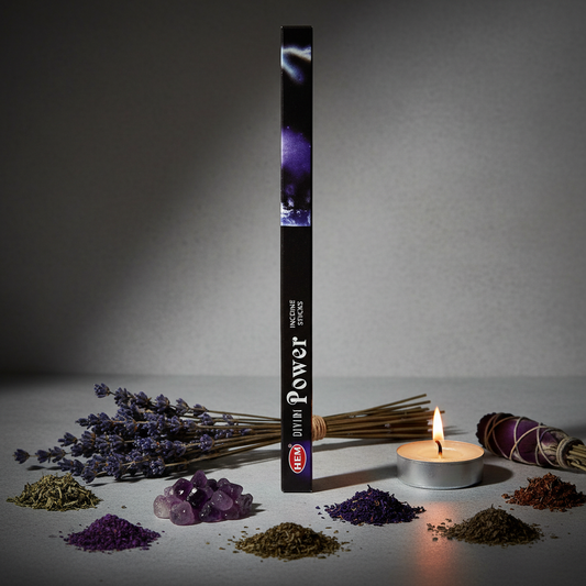 HEM Divine Power incense sticks square pack standing upright with amethyst and lavender props