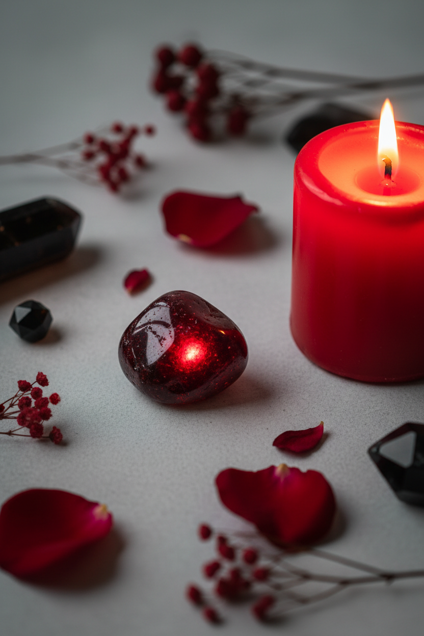 Garnet tumbled stone lifestyle shot with red rose petals, botanicals and candlelight