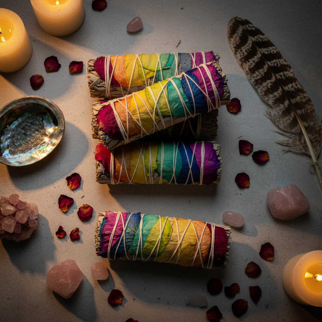 White sage rose petal smudge bundles flat lay with candle and crystals