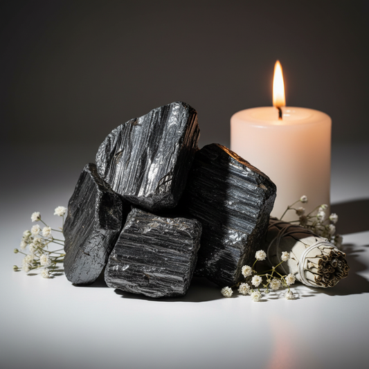 Raw Shungite crystal cluster with white flowers, sage and candlelight