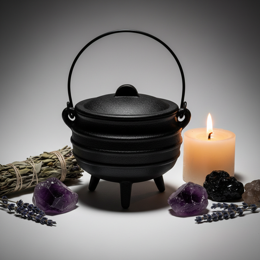Black cast iron cauldron with lid, bail handle and three legs on light grey background with candlelight