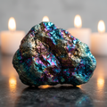 Cluster of raw peacock ore chalcopyrite crystals with iridescent rainbow colors