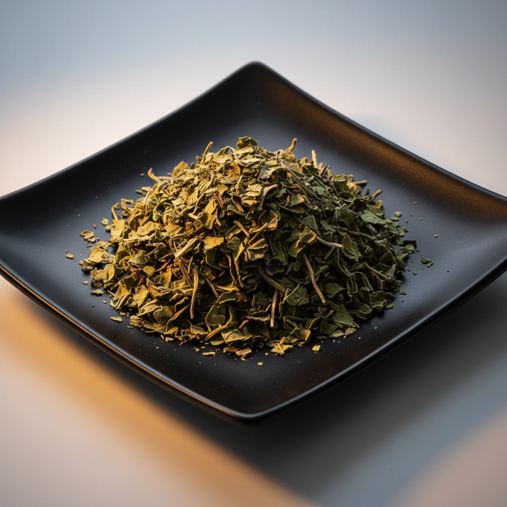 Dried Echinacea herb on black ceramic plate with bright white background
