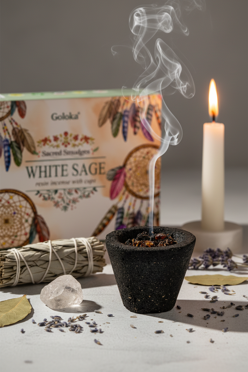 Goloka White Sage resin cup burning with smoke lifestyle shot