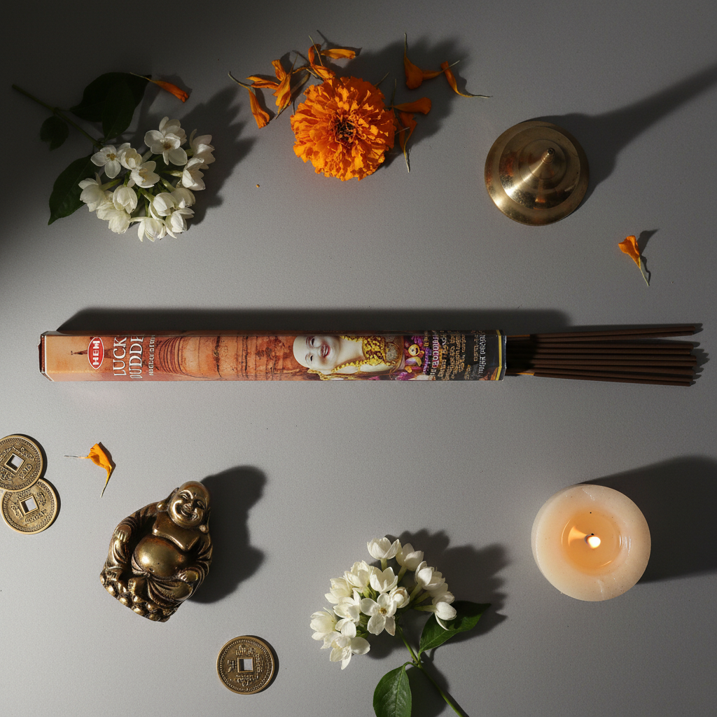 Flat lay of HEM Lucky Buddha incense tube with sticks fanned out, Buddha figurine, jasmine and gold coins