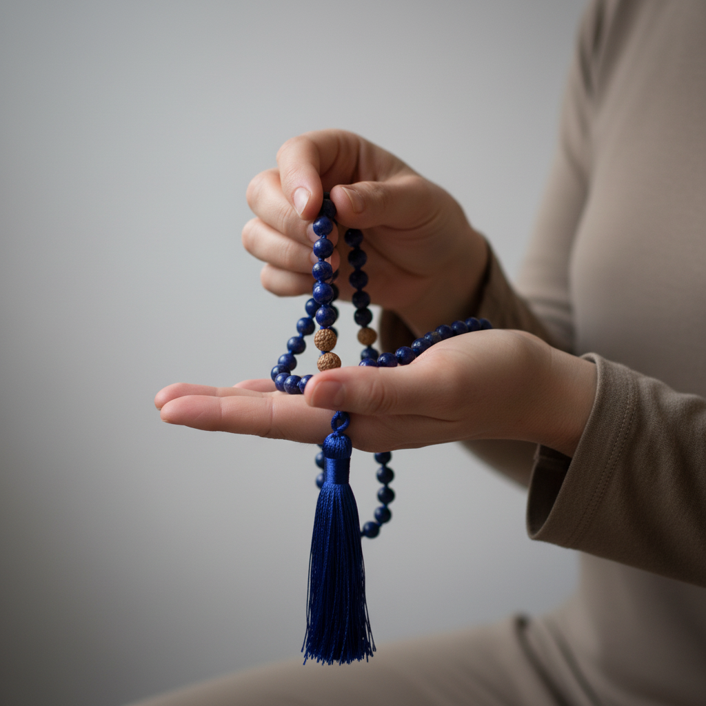 Hands holding lapis lazuli and lava stone mala during japa meditation with deep blue beads and navy tassel visible