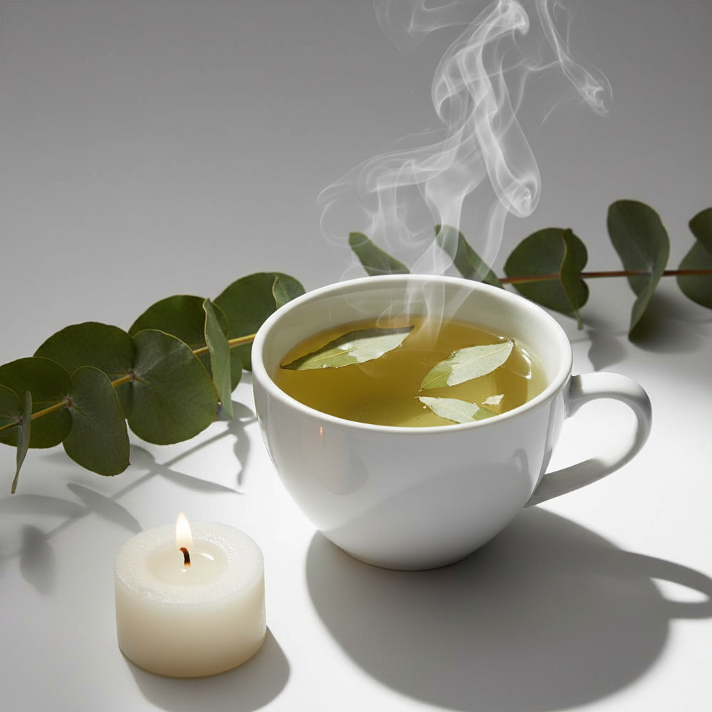 Steaming cup of Eucalyptus herbal tea with fresh eucalyptus sprigs and candle