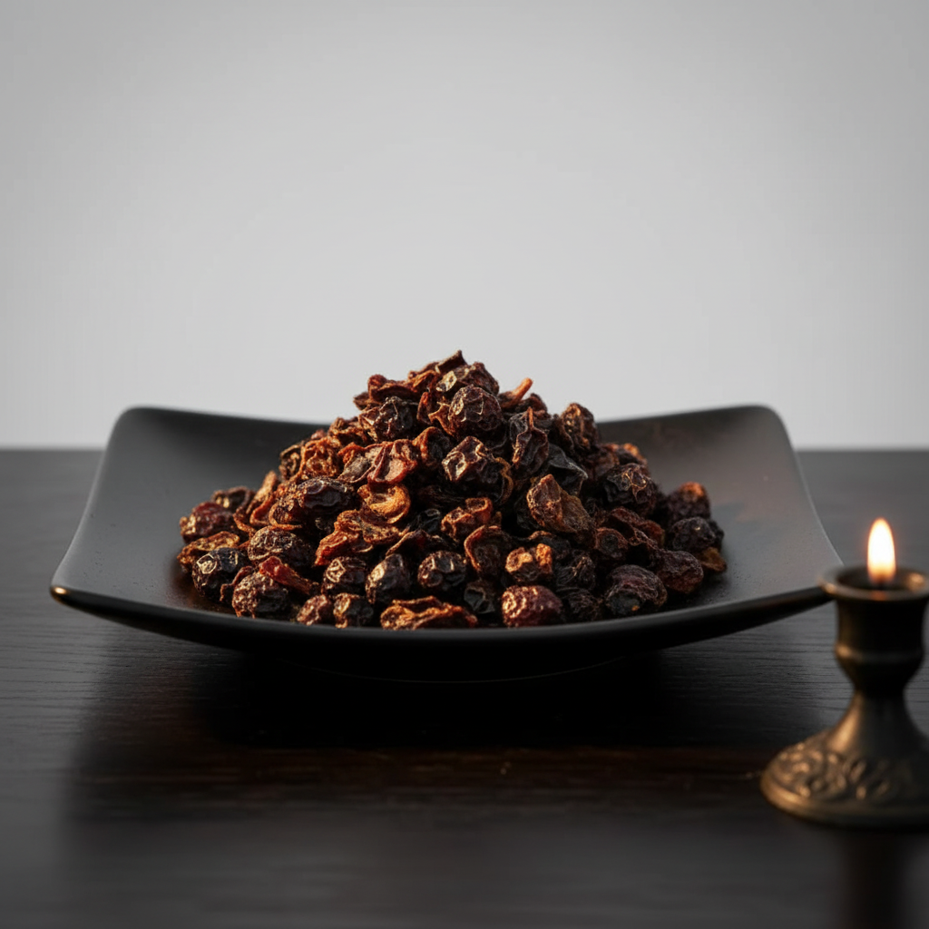 Dried seedless rose hips on black ceramic plate with bright white background