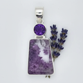 Lodolite garden quartz and amethyst sterling silver pendant with dreamy purple cloud inclusions and lavender accents on light grey background