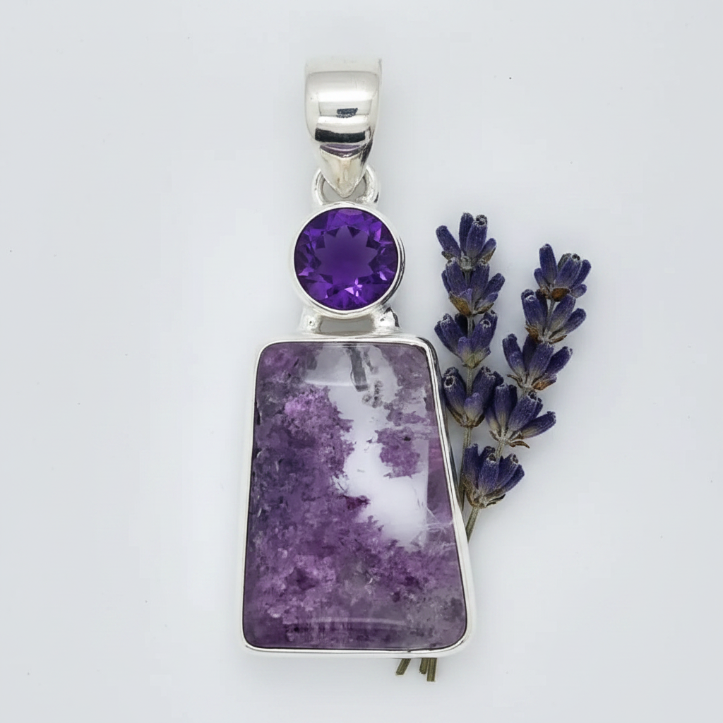 Lodolite garden quartz and amethyst sterling silver pendant with dreamy purple cloud inclusions and lavender accents on light grey background