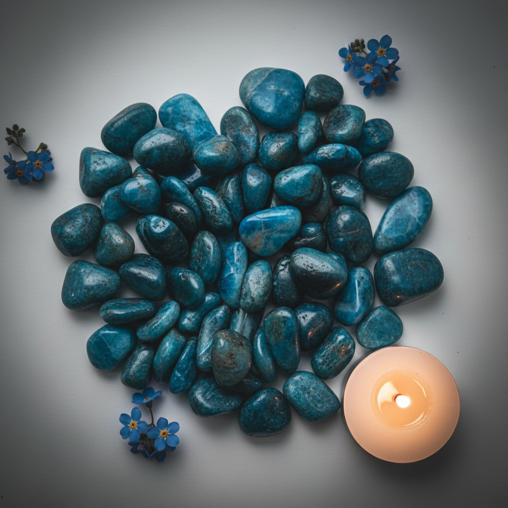 Cluster of blue apatite tumbled stones with deep blue flowers and candle props