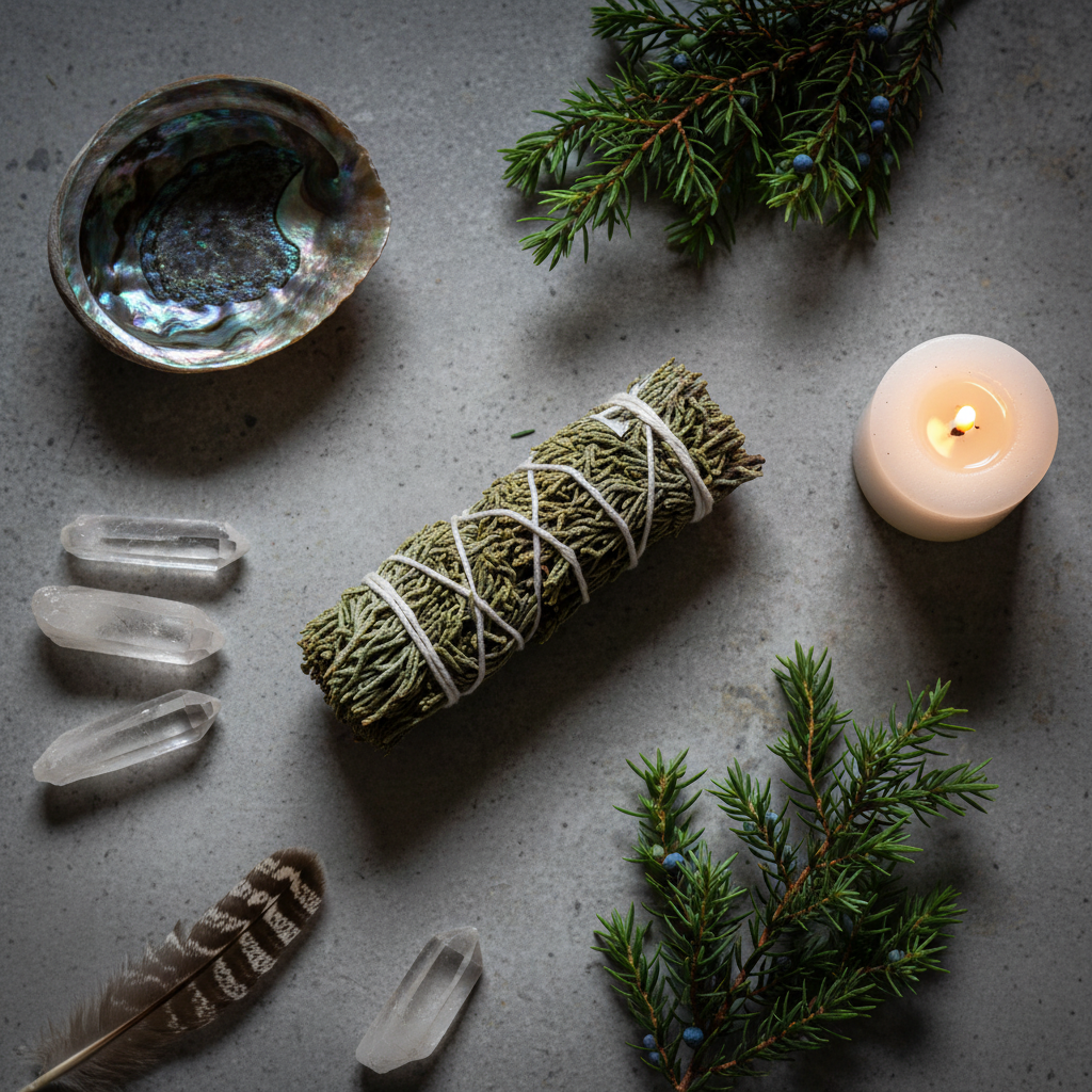 Juniper smudge stick flat lay - bundles horizontal with feather, shell, crystals and candle