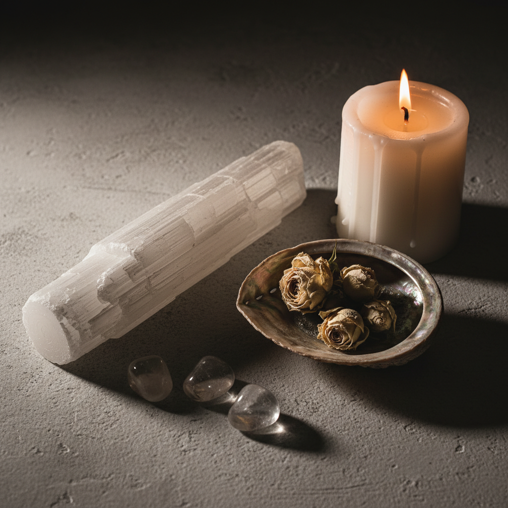 Single white selenite wand in a ritual scene with candle, abalone shell, and quartz crystals