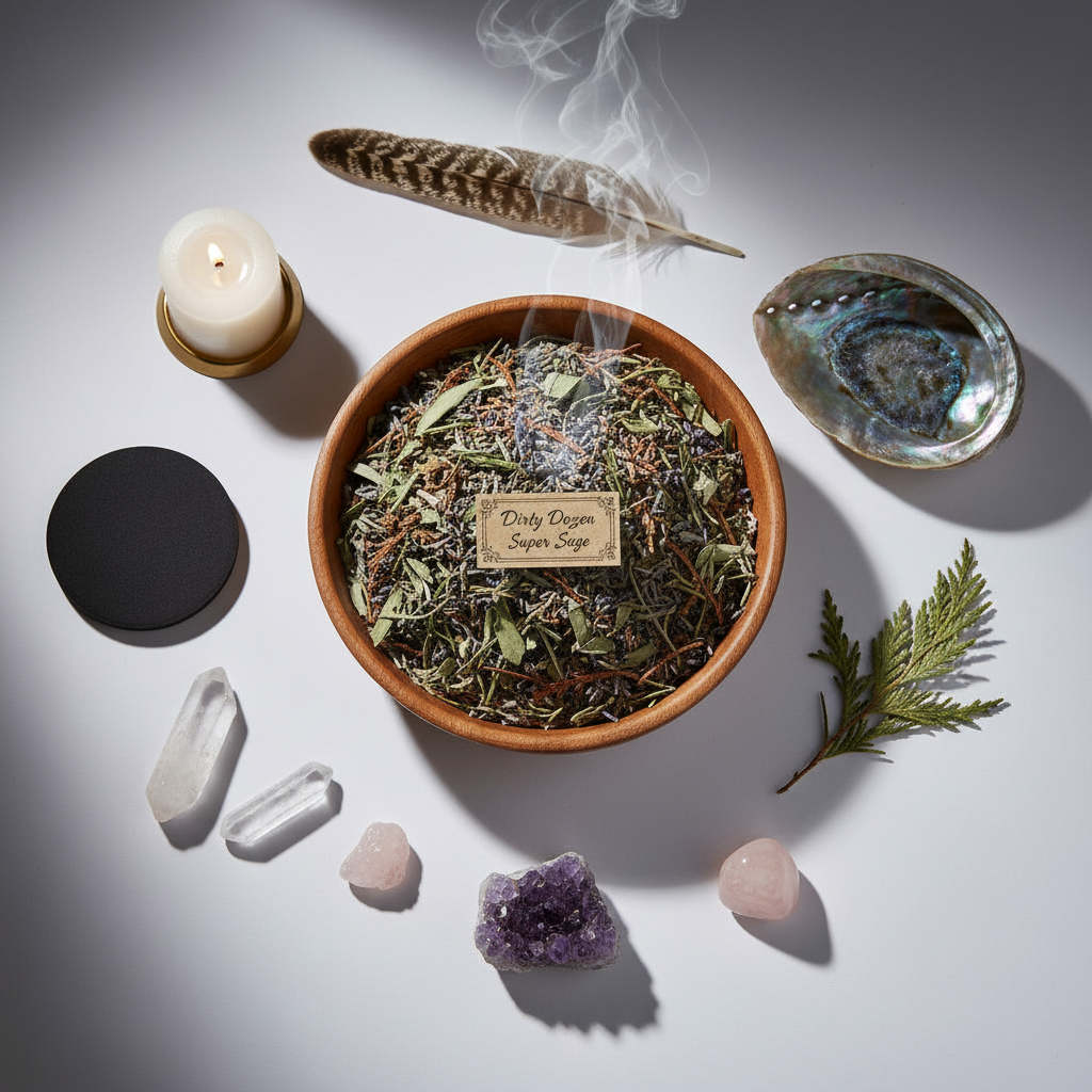 Dirty Dozen Super Sage flat lay - wooden bowl with charcoal disc, abalone shell, feather and crystals