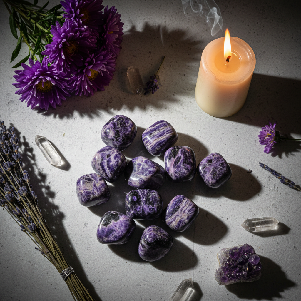Charoite tumbled stones flat lay