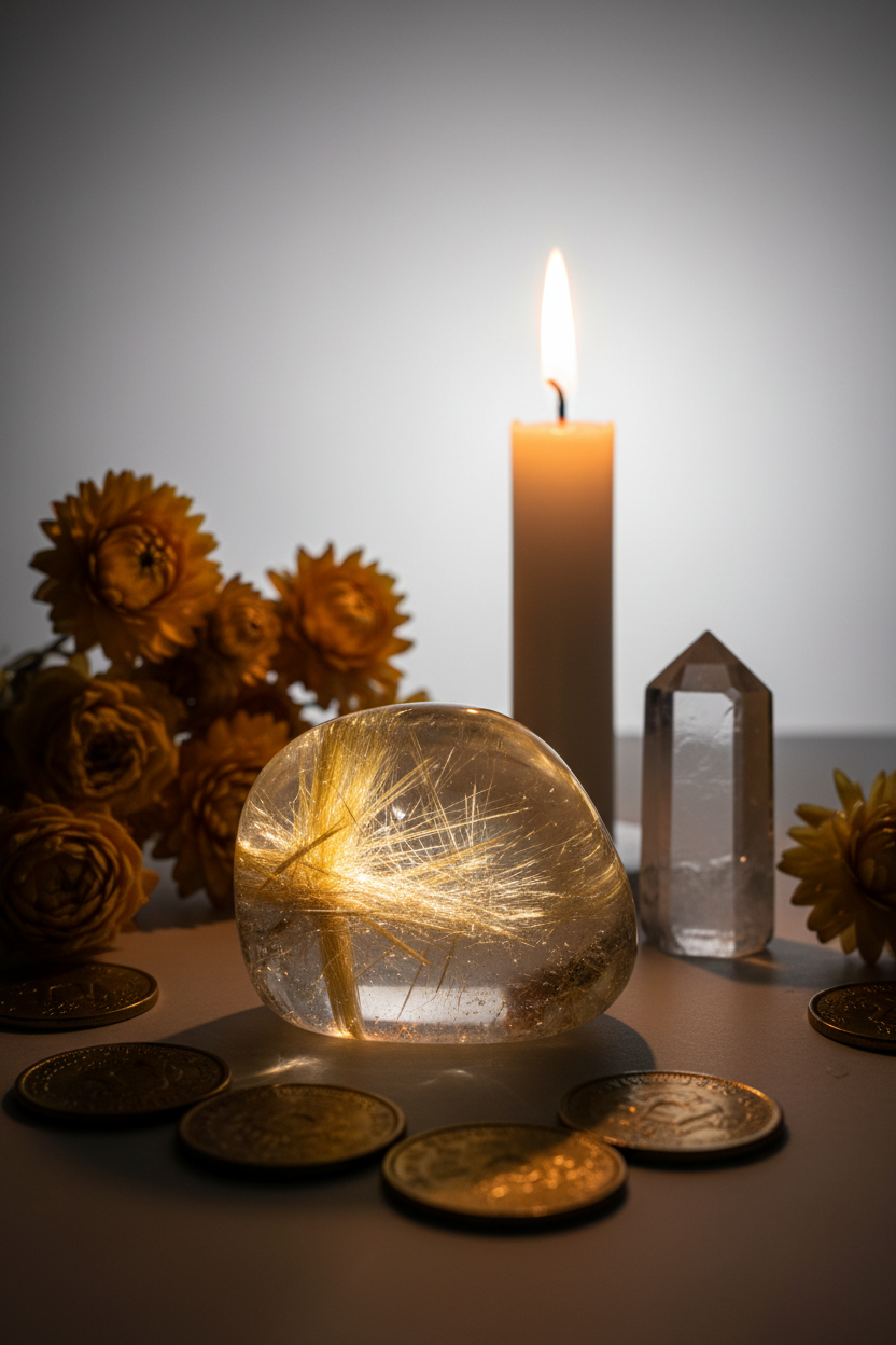 Rutilated quartz tumbled stone lifestyle shot with gold coins, yellow flowers and candlelight