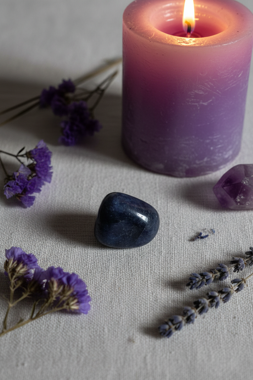 Iolite tumbled stone lifestyle shot with purple flowers, lavender and candlelight