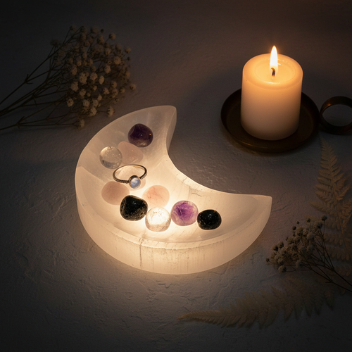Selenite moon bowl used as crystal charging dish with tumbled stones and candle