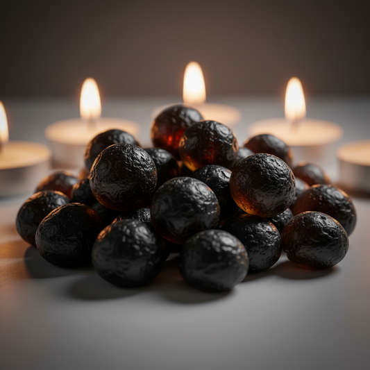 Apache Tears raw black obsidian cluster hero shot with translucent edges in candlelight