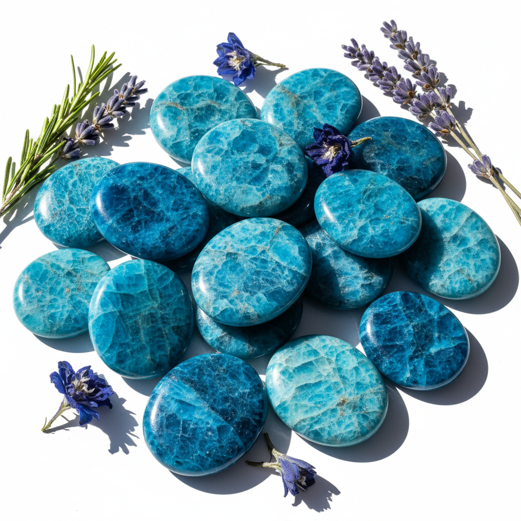 Blue Apatite flat palm stones cluster with blue flowers and candlelight