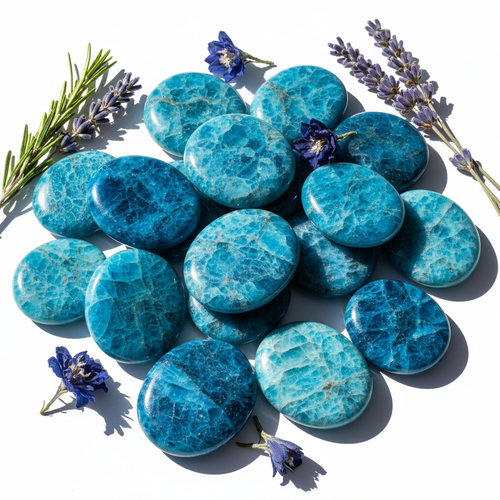 Blue Apatite flat palm stones cluster with blue flowers and candlelight