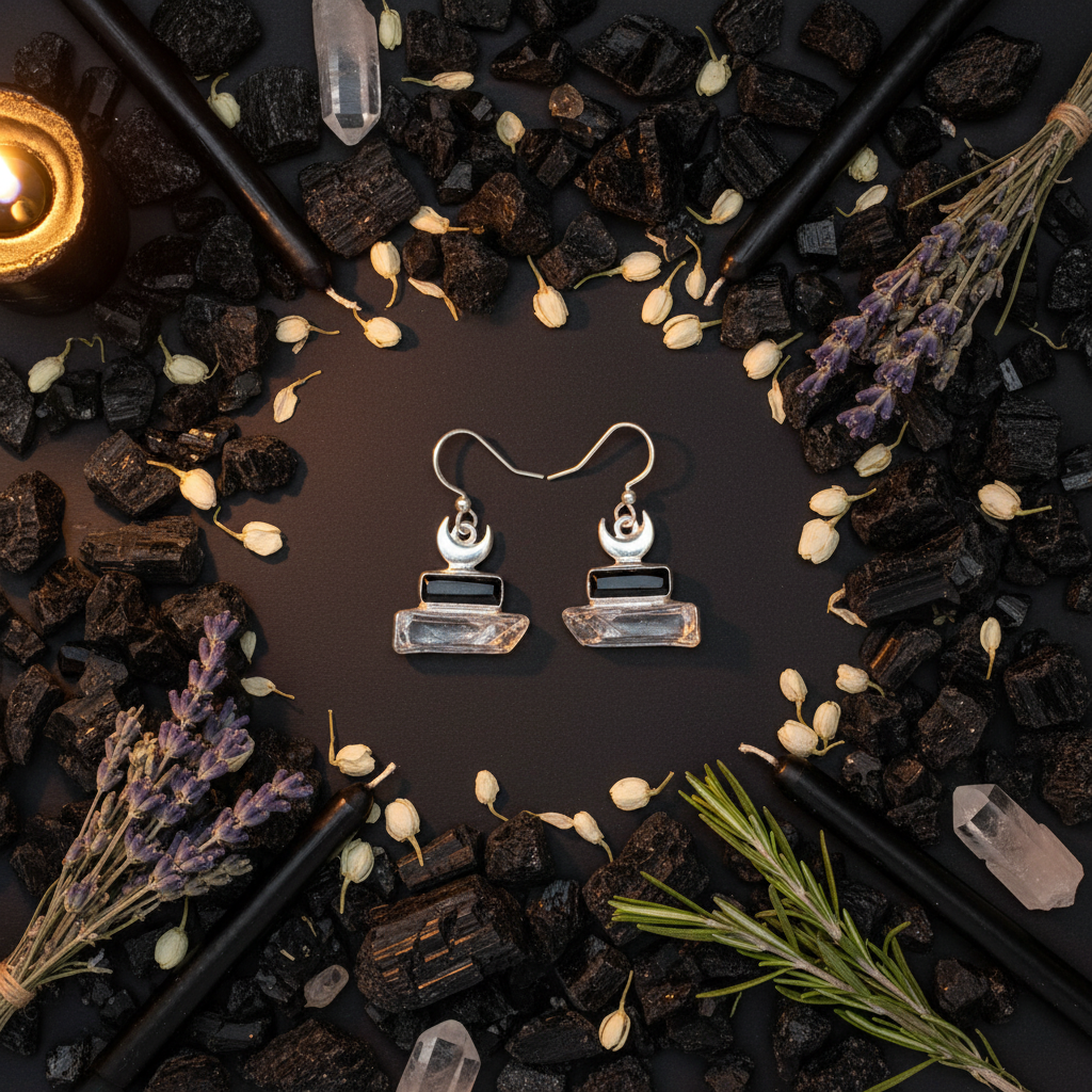 Black Tourmaline and Crystal Quartz earrings flat lay with raw crystals, petals and candles on dark background