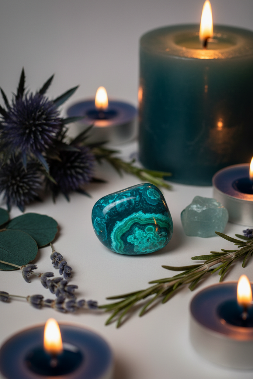 Chrysocolla tumbled stone lifestyle shot with blue flowers, herbs and candlelight