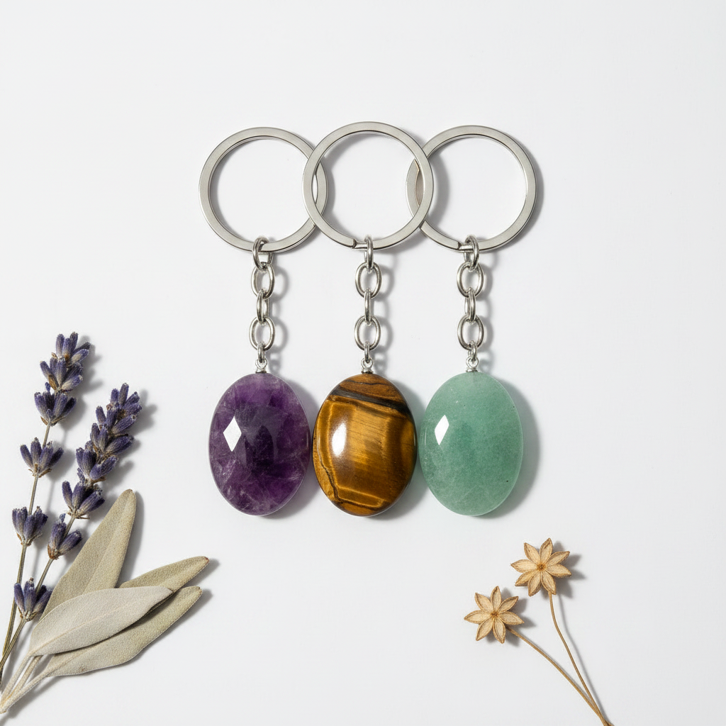 Three crystal oval keychains — amethyst, tiger's eye, and green aventurine — with silver rings on light grey background