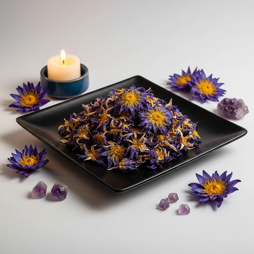 Blue Lotus Flower dried herbs on black ceramic plate with blue lotus flowers and crystals