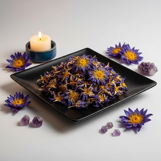Blue Lotus Flower dried herbs on black ceramic plate with blue lotus flowers and crystals