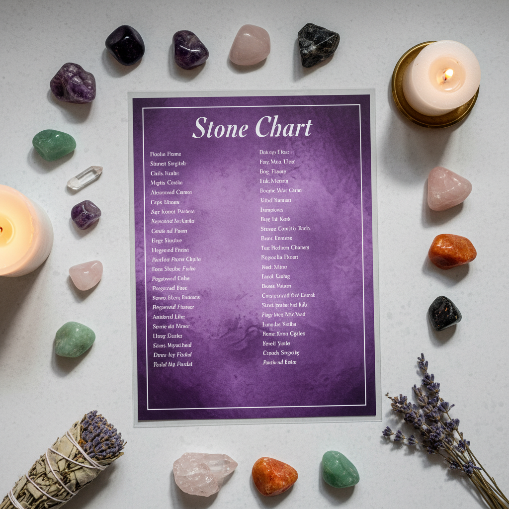 Flat lay of crystal stone chart surrounded by colorful tumbled stones, herbs and candle on light grey background