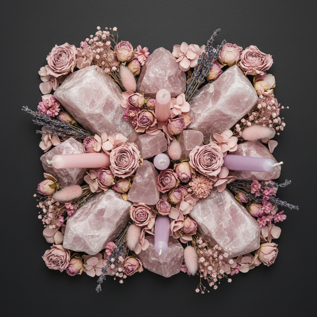 Flat lay with raw kunzite crystals, dried pale pink roses, lavender sprigs and pink candles on dark charcoal background