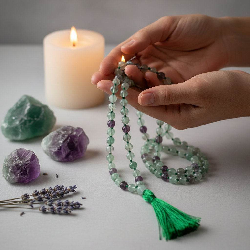Hands in japa mala meditation counting position with rainbow fluorite 108-bead mala draped over fingers